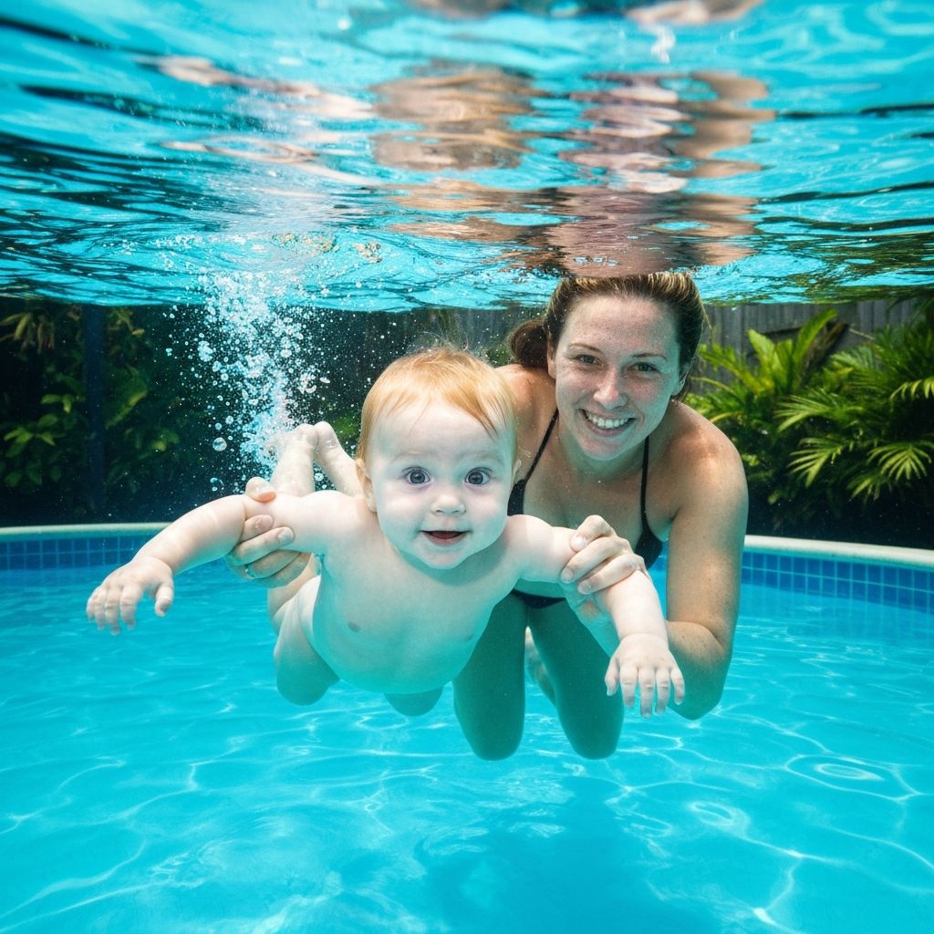 Stastne babatko plava vo vode s mamickou